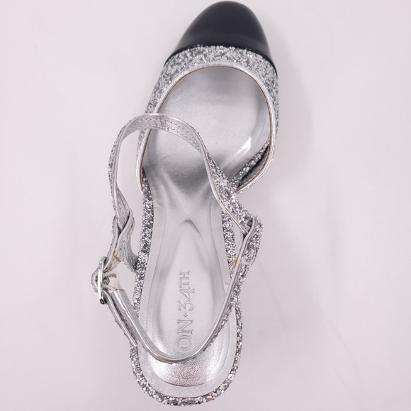 On 34th Dottip Silver Glitter Slingback Pumps Chunky Block Heels Womens 8 M - Picture 11 of 16